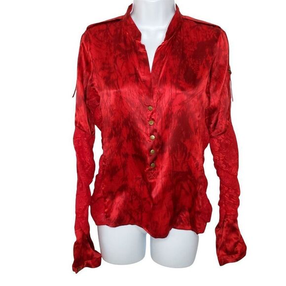 Red Silk Lace Long Sleeve Blouse Sz M V Neck Lace Ruched Sides Snap Front - Picture 1 of 5